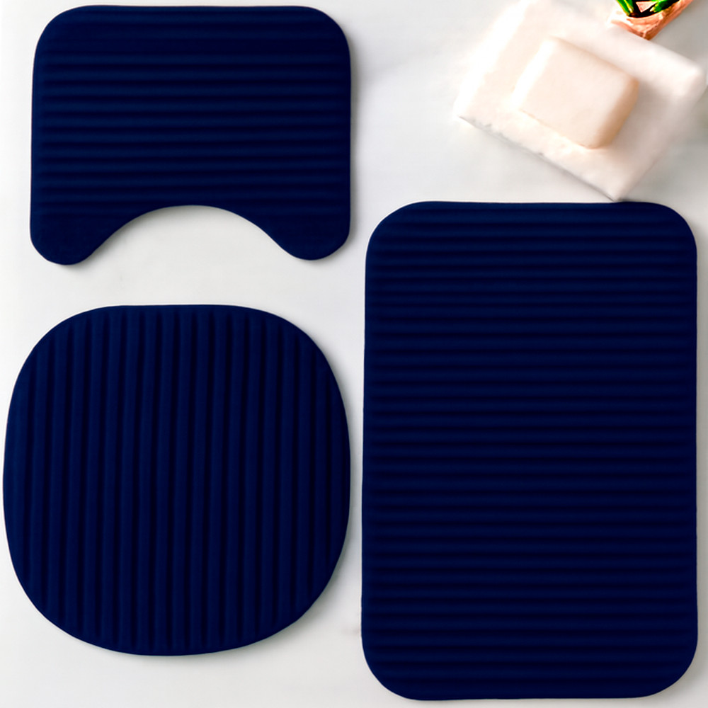 Kit 3 Peças Jogo de Tapete Azul Marinho Para Banheiro Antiderrapante 100% Algodão Felpudo Peludo Luxo