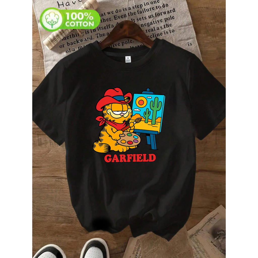 BR Moonlight Camiseta Feminina Garfield Pintura Deserto Cactus Estampada Elastica Confortavel Estilosa Casual