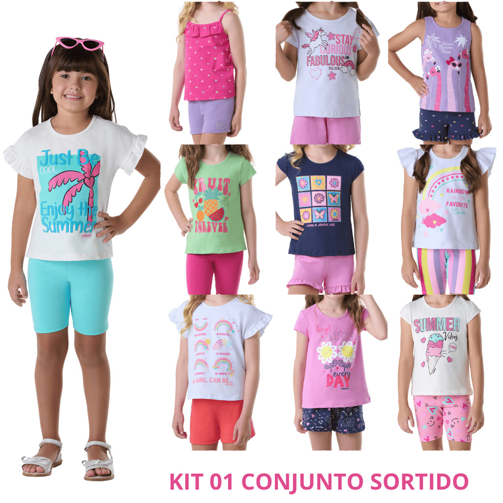 Conjunto Sortido 2 Peças de Roupas Infantis Feminino Verão  ( 1 blusa + 1 shorts) Kit com 1 conjuntos