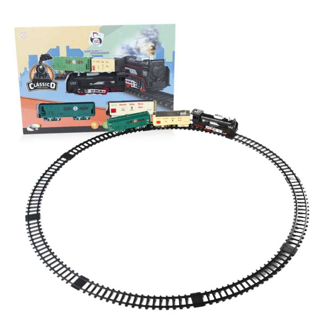 Trem Expresso Clássico Com Luz e Som, Pica Pau, Trenzinho Locomotiva A Pilhas Com Vagões e Trilhos