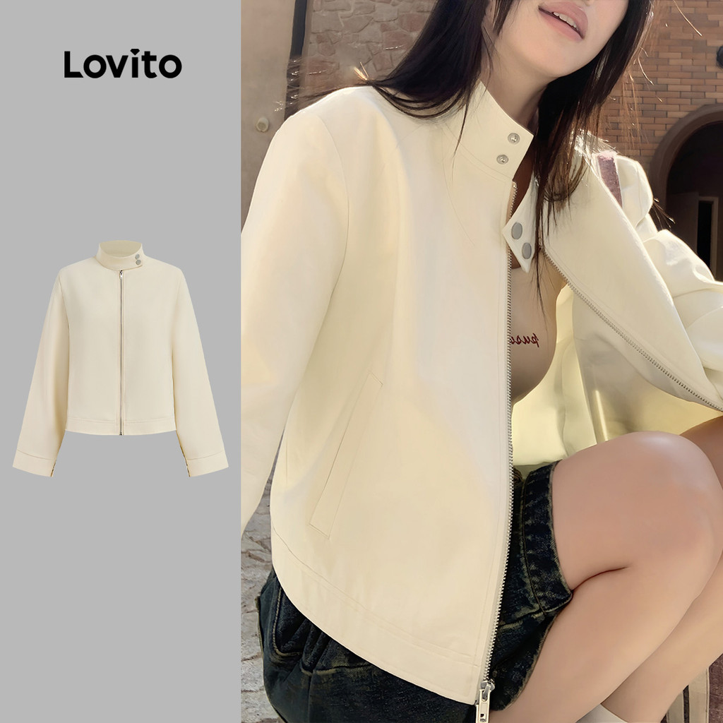 Lovito Jaqueta Casual com Zíper Botões Outono/inverno Branca para mulher L159AD194 em Oferta na Shopee
