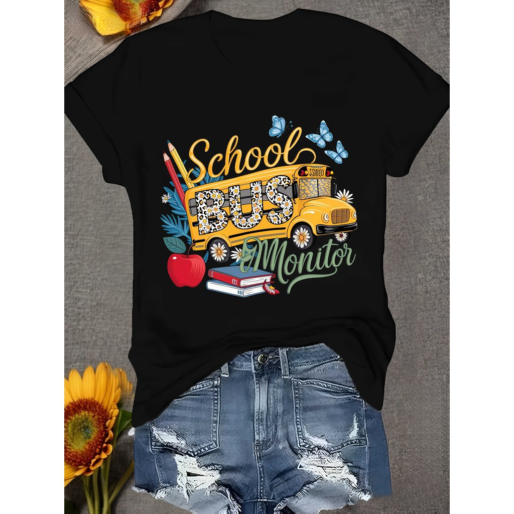 [Camiseta Premium em Algodão Puro]SISI Camiseta Feminina Plus Size School Bus Monitor Unissex Shirt Oversized Algodão