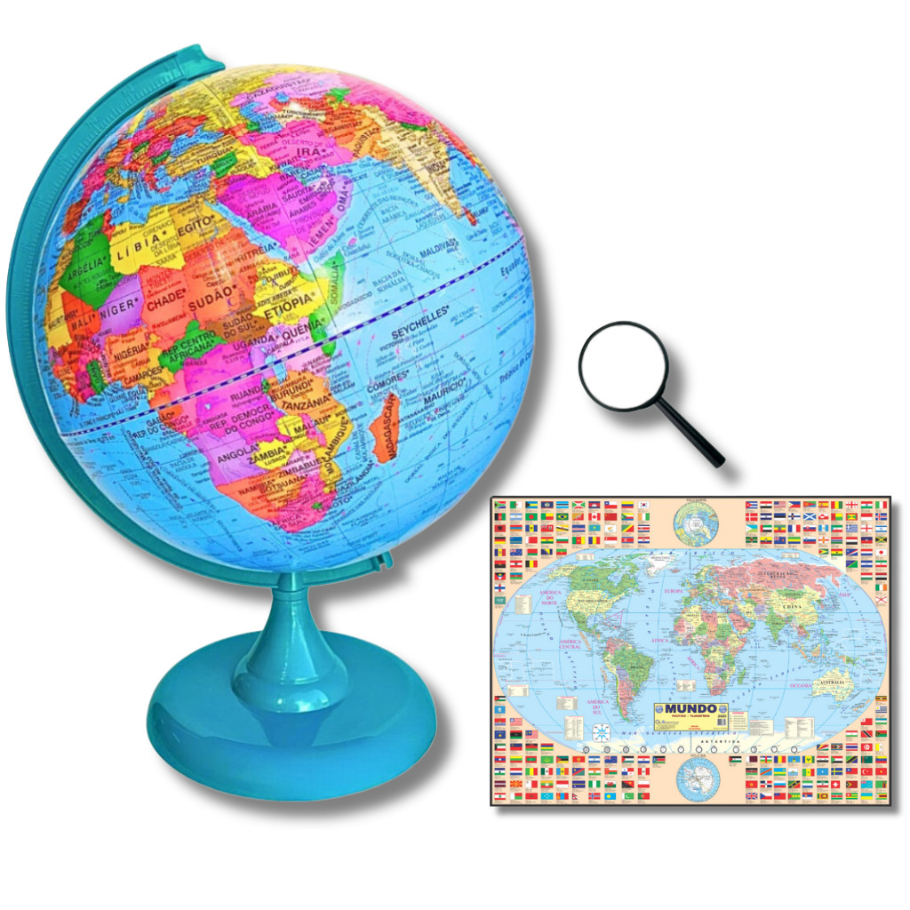 Globo Terrestre Político Base Verde 30cm Diâmetro e 43cm Altura + Mapa Mundi Gigante + Lupa