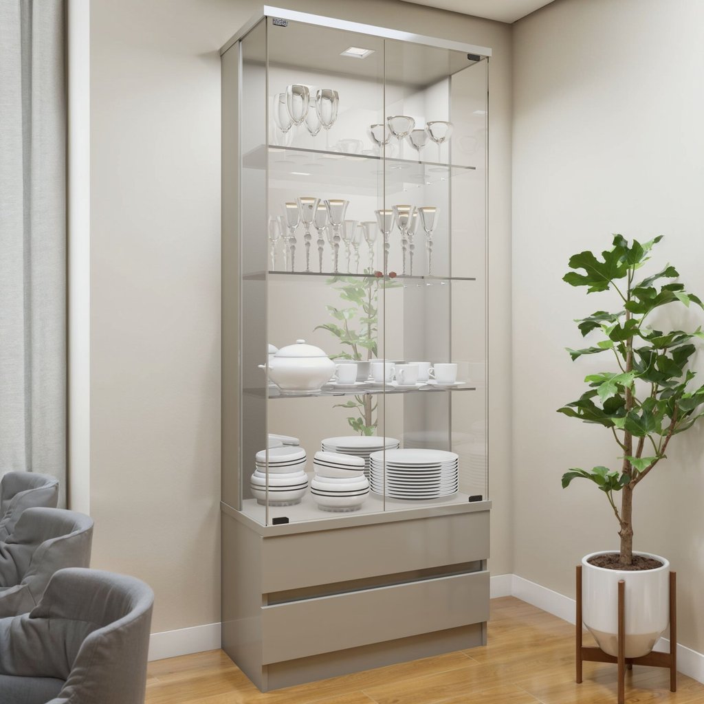 Cristaleira 100%MDF com Espelho e Led 2 Gavetas  Lisboa Off White em Oferta na Shopee