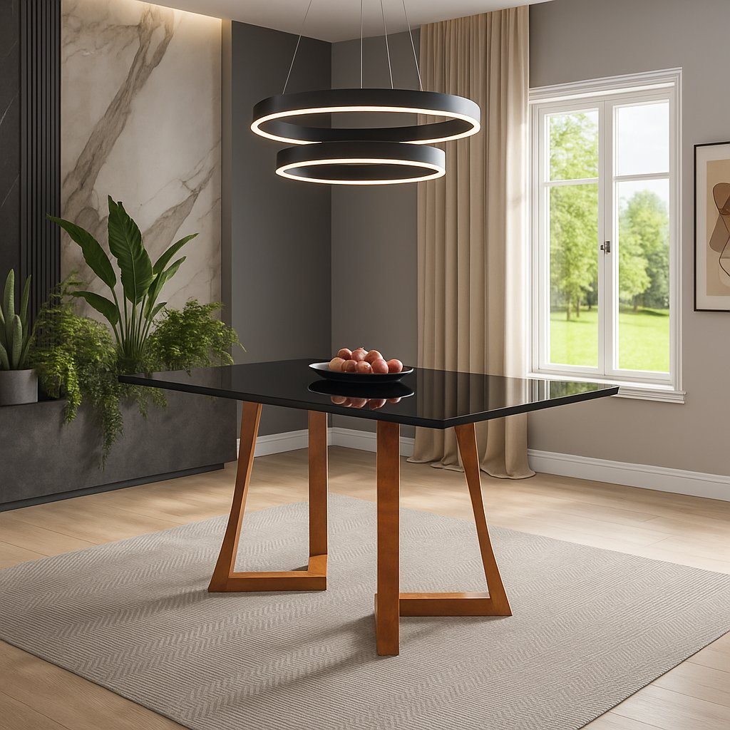 Mesa 6 Lugares Madeira Maciça com Vidro Canto Arredondado 160x90cm Jantar Anna Preto/Ambar em Oferta na Shopee