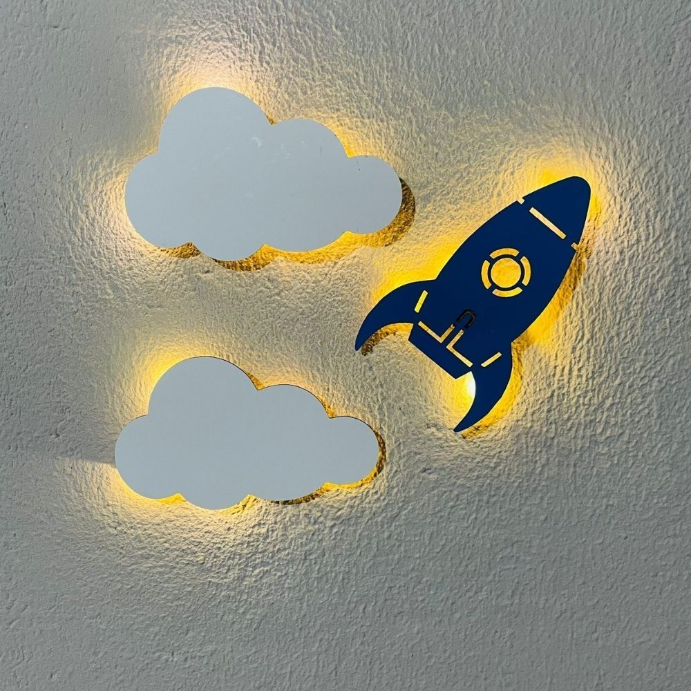 Luminária Abajur Infantil Kit Foguete Nuvem com Led Decoração Para Quarto Menino