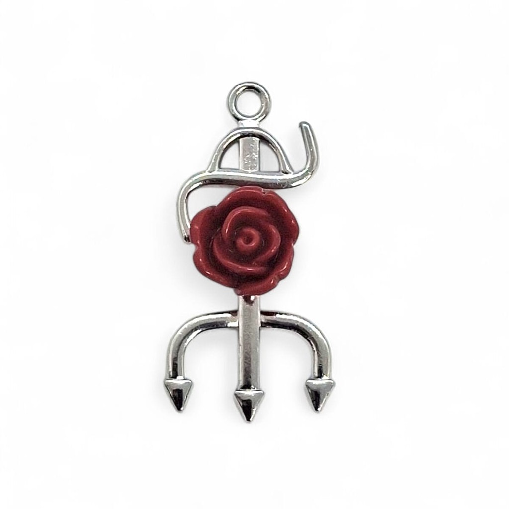 Kit 12 Pingentes PombaGira Tridente Rosa de Metal Prata 4 cm