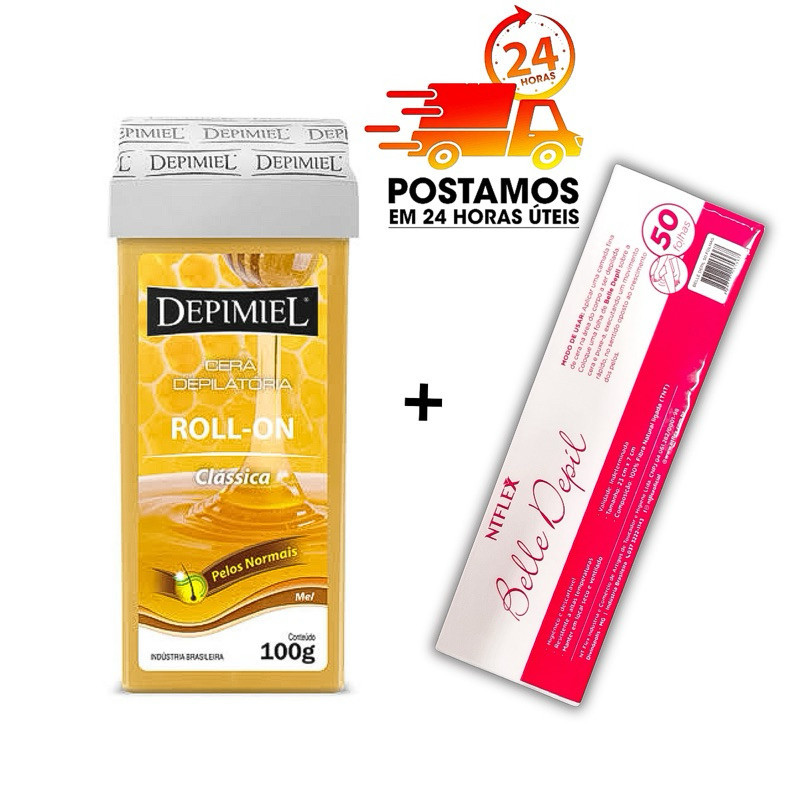 Kit Depilação Cera Quente Depimiel Roll-On Mel 100g + Lenço Depilatório 50unid em Oferta na Shopee