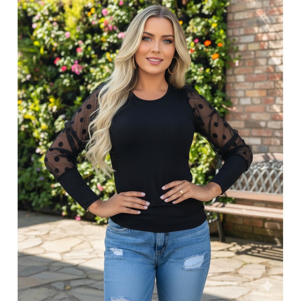 blusa feminina canelada elastano manga longa tule poá lançamento