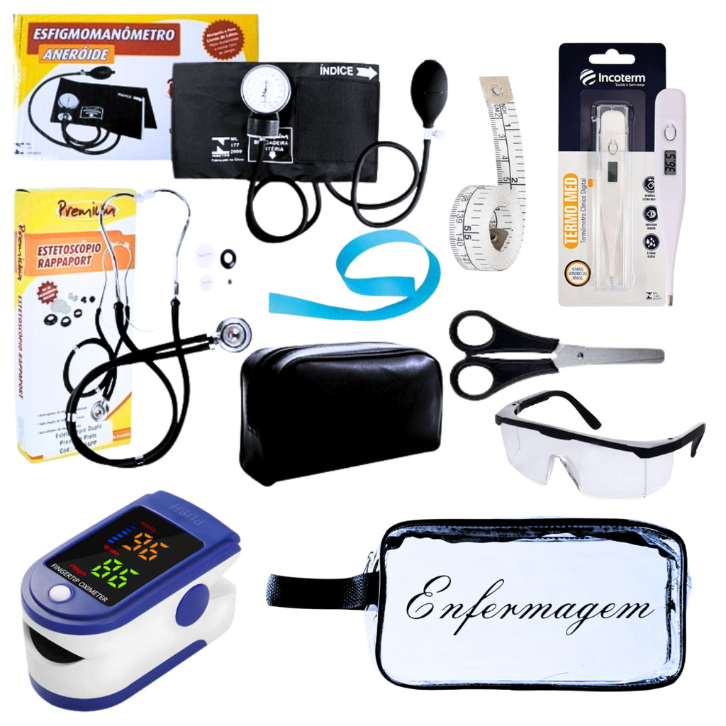 Kit Enfermagem Aparelho de Pressão + Estetoscópio Completo + Oximetro + Nécessaire em Oferta na Shopee