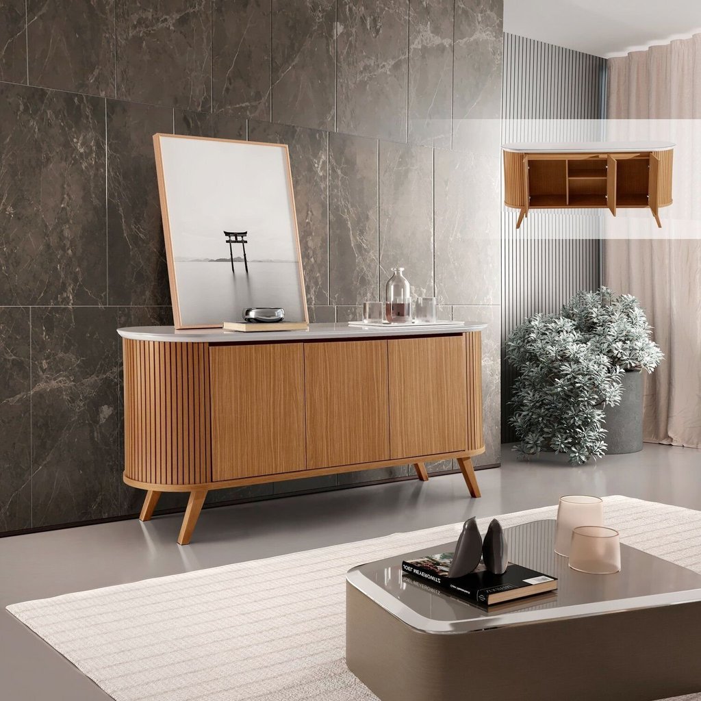 Buffet Aparador 164cm 3 Portas Ripado Pés Madeira Maciça Castanho Cinamomo e Off White Luna em Oferta na Shopee