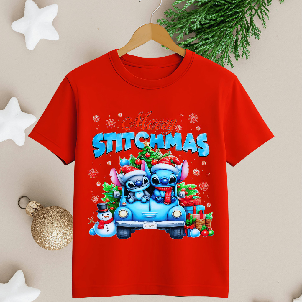 Camiseta Camisa Premium Camiseta Infantil 100% Algodão Natal Animado Stitch Várias Estampas Natalina Envio Imediato Envi