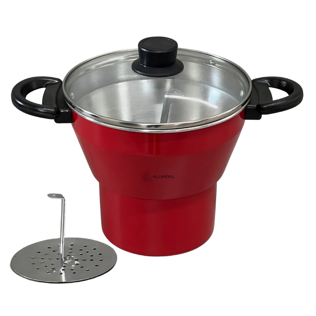 Cuscuzeiro Panela para Cuscuz Cuscuzeira N° 18 de Aluminio Nordestino Vermelho com Tampa de Vidro