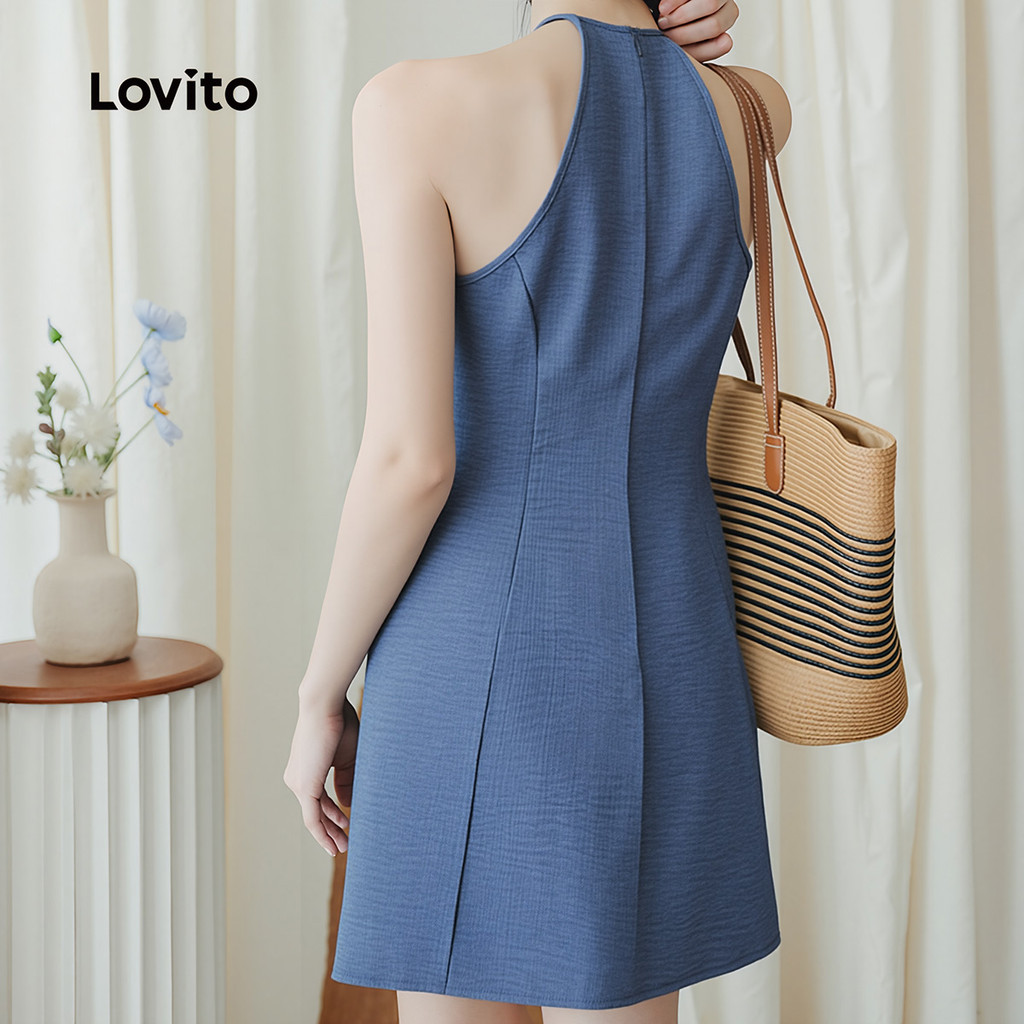 Detalhes do Lovito Vestido Jeans Casual Com Amarração Frontal Azul Para Mulheres Ideal Para a Primavera/verão L157ED118