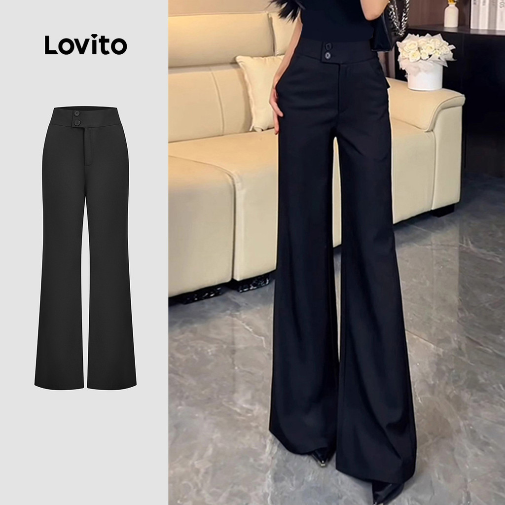 Lovito Calças Elegantes de Botão Duplo Primavera/verão Pretas para Mulheres L154LD153