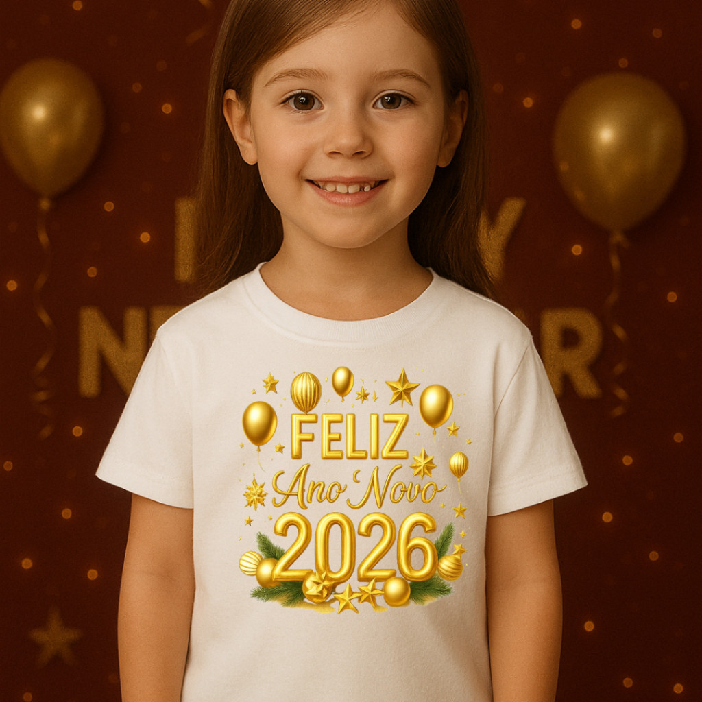 Camiseta Infantil Menina Feliz Ano Novo Reveillon 2026 Algodão Branco e Off 2 ao 16 Algodão Criança