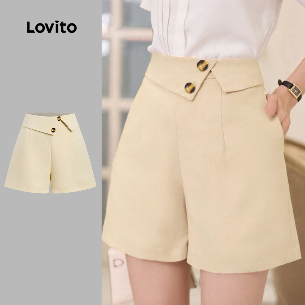 Lovito Shorts Elegantes Assimétricos com Botões Primavera/verão Shorts Cáquis para Mulheres L157LD290 em Oferta na Shopee