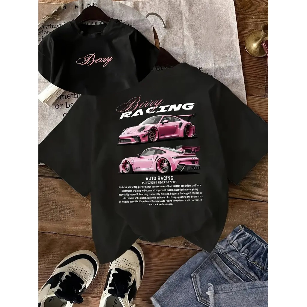 Tshirt Feminina Porsche Rosa Estampada Lançamento Camiseta 100% Algodão Camisetão Camisa Oversized Plus - Camisarte