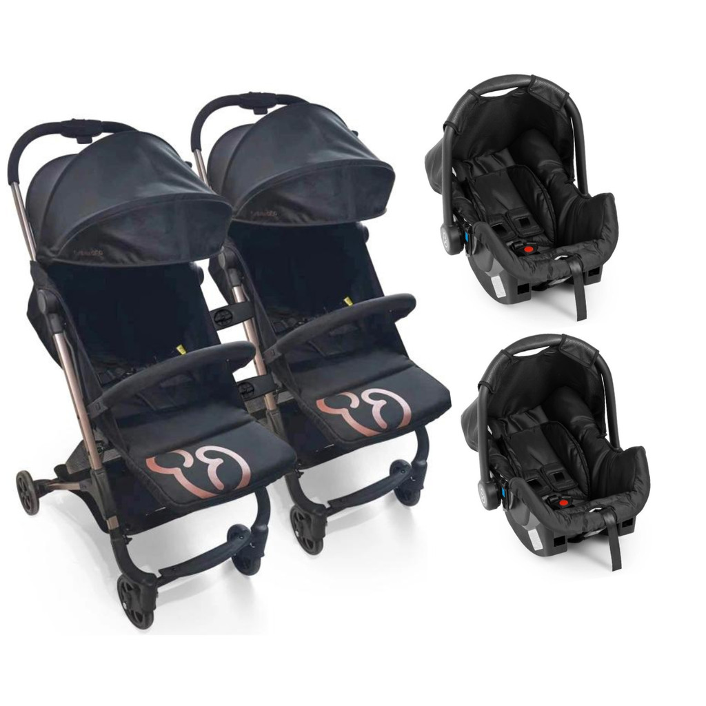 Kit Duplo Gêmeos: 2 Carrinhos Duolee Duo Preto Cobre + 2 Bebês Conforto Grid Preto - Galzerano