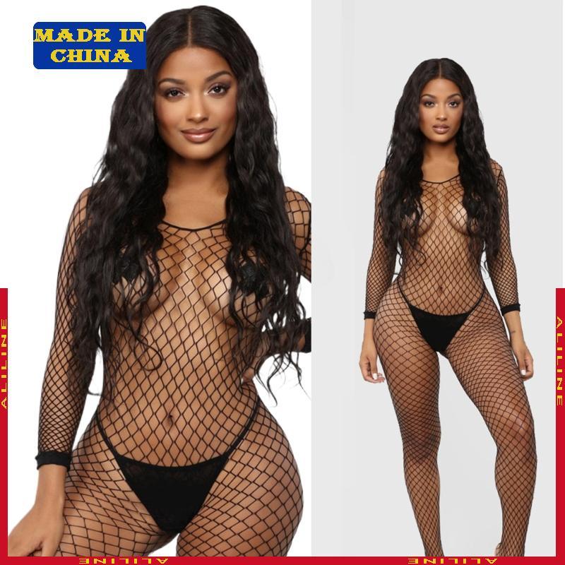 Bodystocking Feminino Arrastão Comprida Oco Body Malha Meia-Calça Lingerie