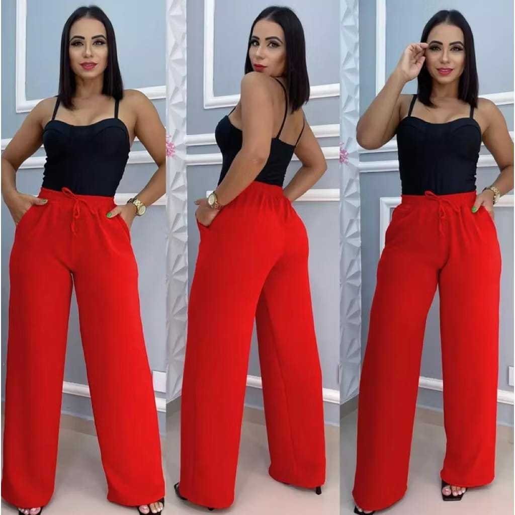 Duna Calça Pantalona Feminina Elástico Na Cintura Com Bolso Cintura Alta Tecido Duna