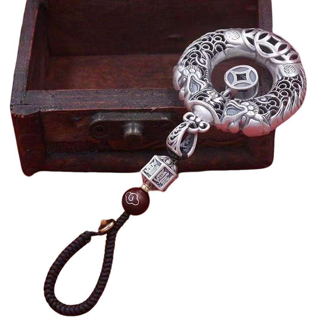 Chaveiro De Prata S925 Com Bênção De Dragão Duplo Fofo-Pingente De Chave De Carro Fivela De Paz De Dragões Da Guarda , L