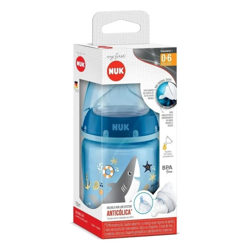 Mamadeira NUK 150ml Controle Temperatura 0-6m Tubarão Azul