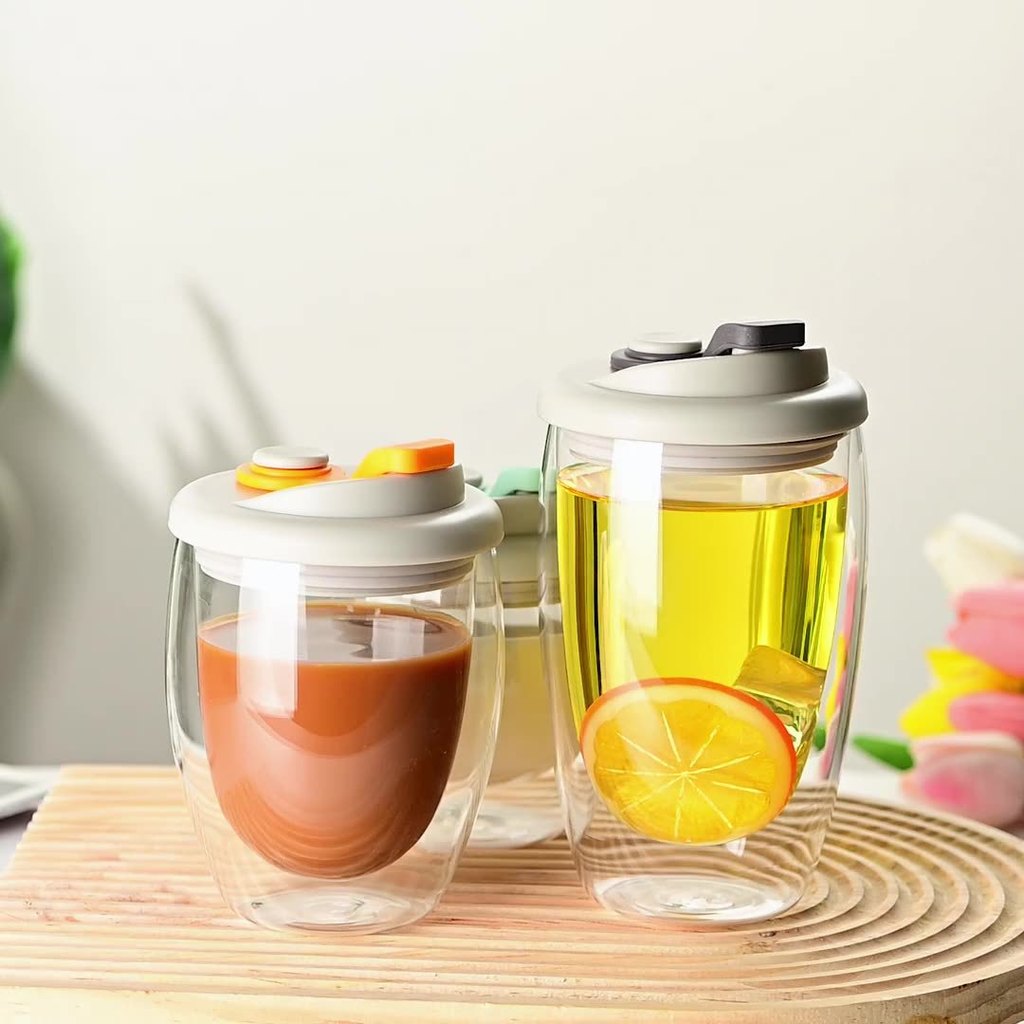 Copo de Vidro Criativo Copo Isolado de Dupla Camada com Tampa Copo de Leite Copo Prático Copo de Café Copo de Chá de Flo