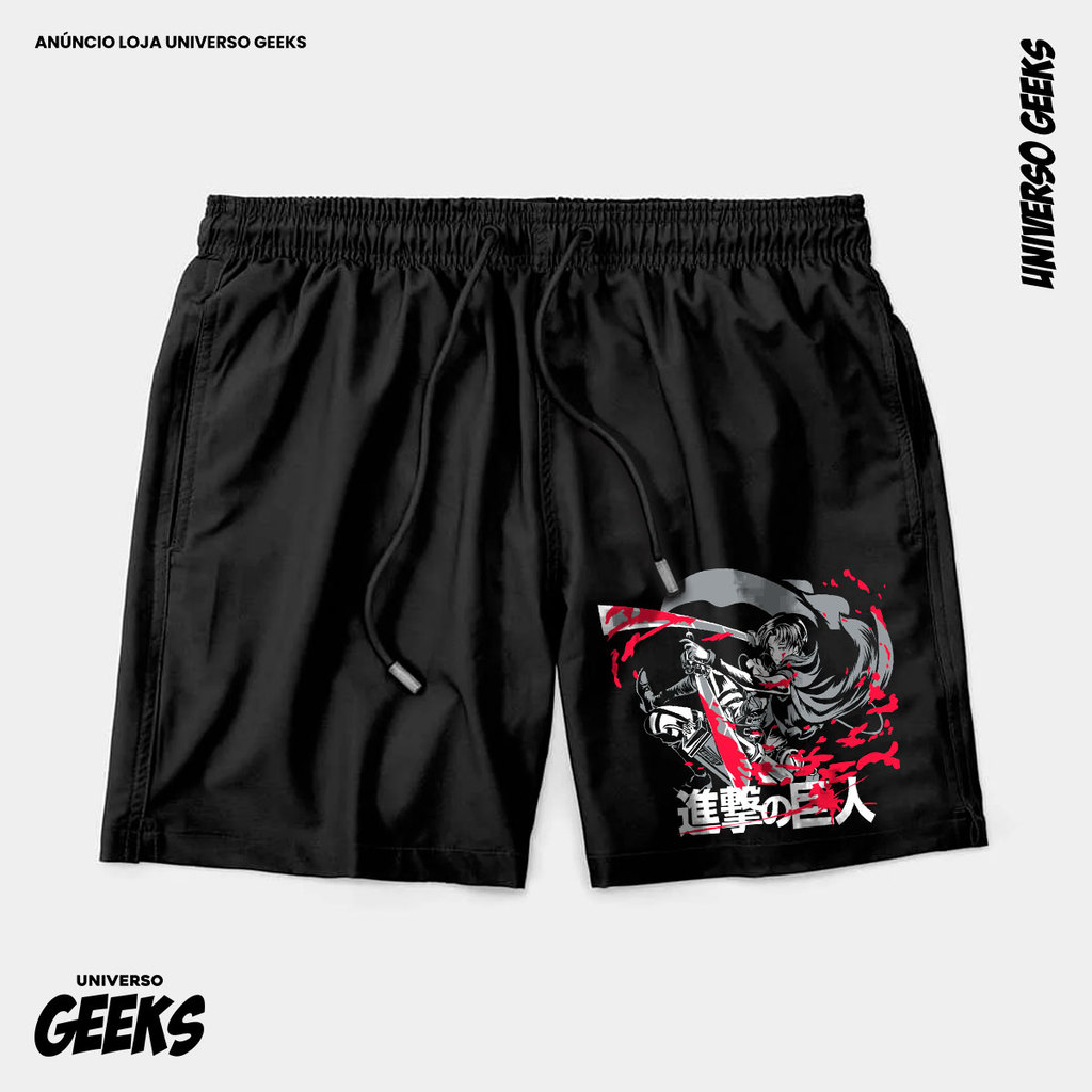Bermuda Tactel Levi Ackerman Ataque Titã Sangue Short Confortável Com Elastano Ideal Lazer Treino Esportes Praia