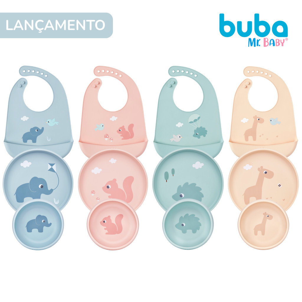 Pratinho para Bebe com Ventosa Introdução Alimentar Babador em Silicone e Talheres para Bebe Buba