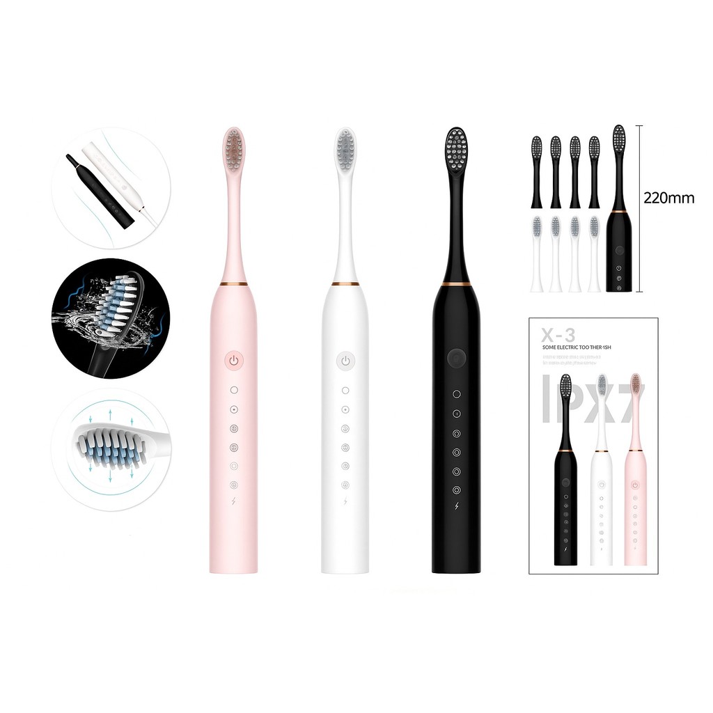 Escova Dental Elétrica Recarregável USB 5 Modos 220x25mm Cerdas Macias IPX7 Limpeza Profunda DKL