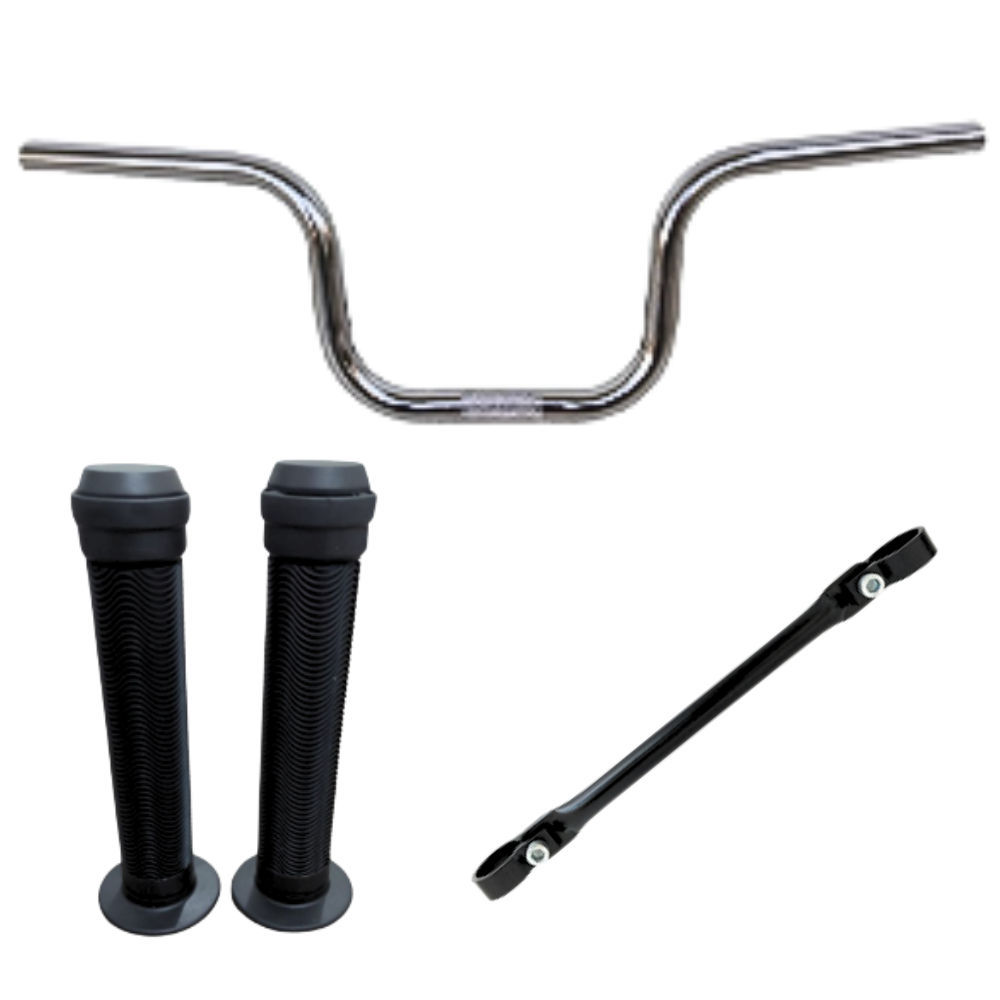 Guidão CG de Bike Cromado + Punho Tipo Gios 165mm + Barrinha de Guidão Preta 19cm