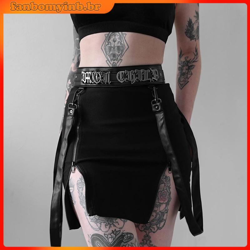 Mulheres Mini Saia Feminina Com Cinto Punk/Gótico Cintura Alta/Zíper