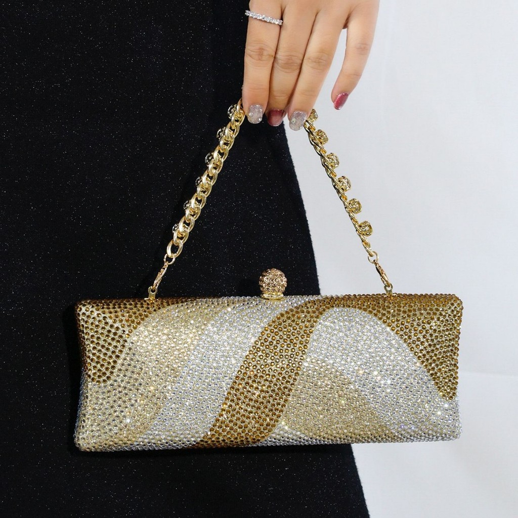 Clutch Feminina Dourada Luxuosa com Cristais Bolsa Elegante de Festa Estilo Vintage