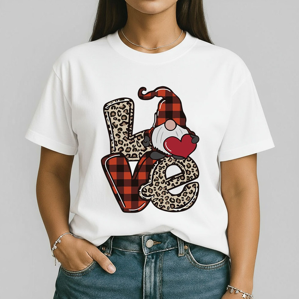 Camiseta Camisa Natalina Feminina Love Gnomo Camisa 100% Algodão Estampa Fofa Xadrez Postagem Imediata
