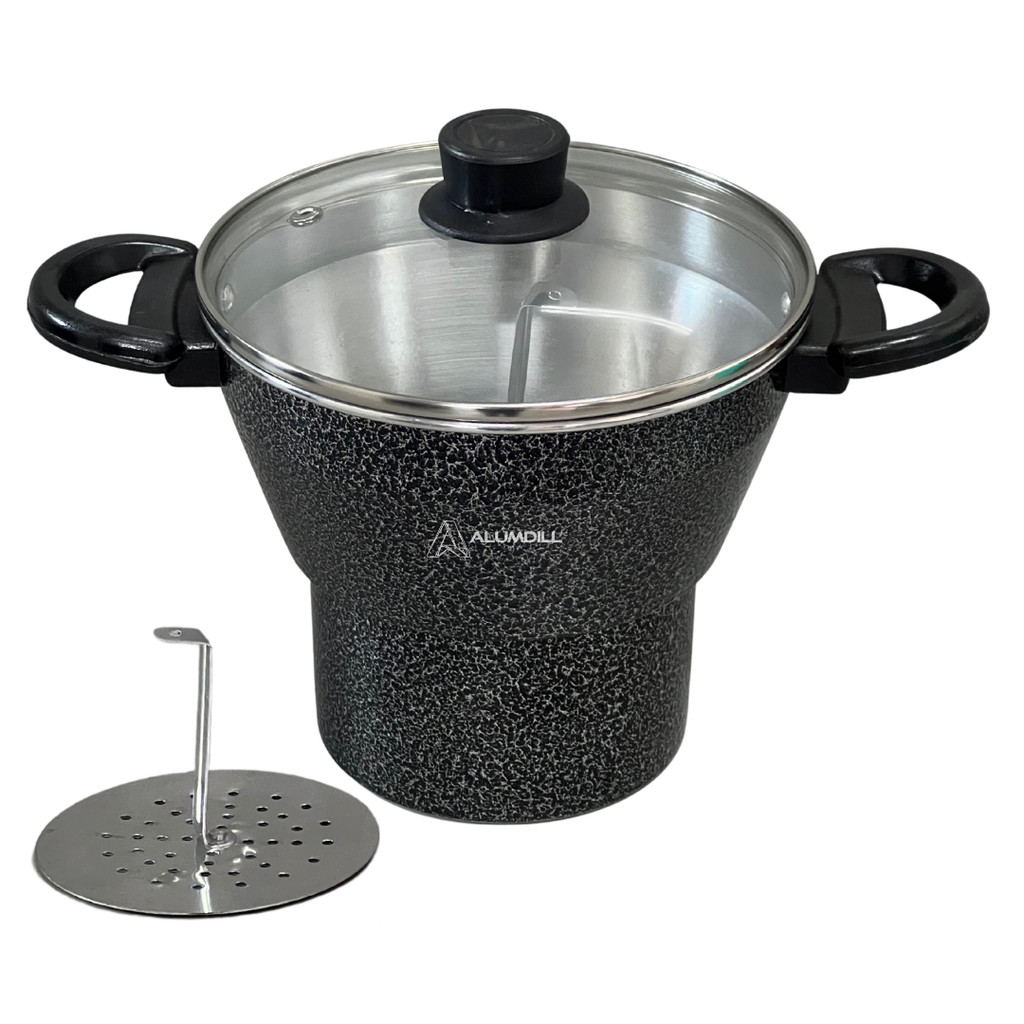 Cuscuzeiro Panela para Cuscuz Cuscuzeira N° 18 de Aluminio Nordestino Preto Craqueado Com Tampa