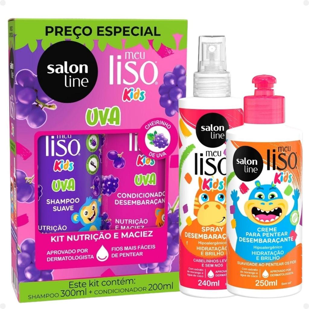Kit Salon Line Meu Liso Kids: Shampoo 300ml e Condicionador 200ml Uva + Creme 250ml e Spray 240ml