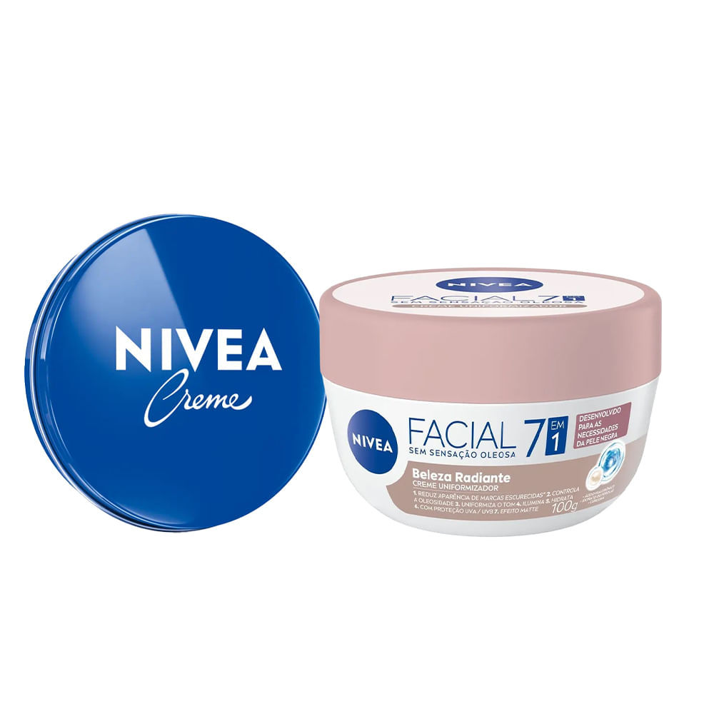 Kit Nivea Care Creme Hidratante Latinha Azul 56g + Hidratante Facial Beleza Radiante 7 em 1 100g
