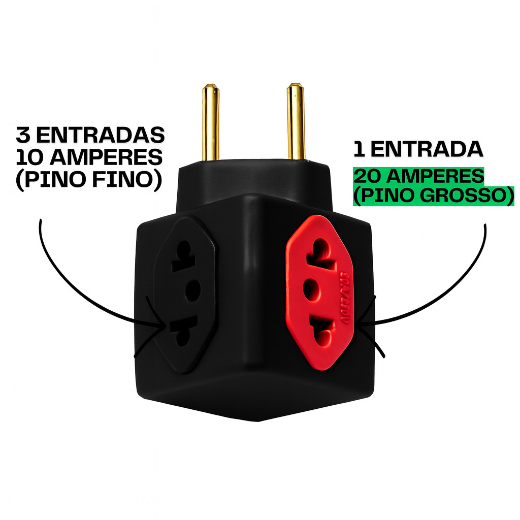 Adaptador de Tomada Kit Benjamin CUBO 10A/20A Pino Maciço Resistente 4 Tomadas Colorida