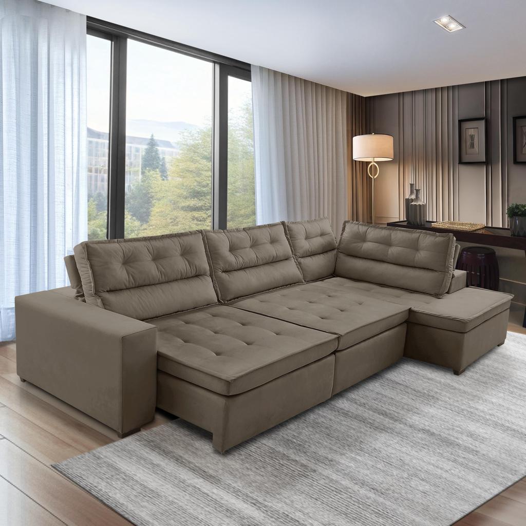 Sofá de Canto Retrátil e Reclinável com Molas 3,00x2,00 Virginia Suede Cappuccino Adonai Estofados em Oferta na Shopee