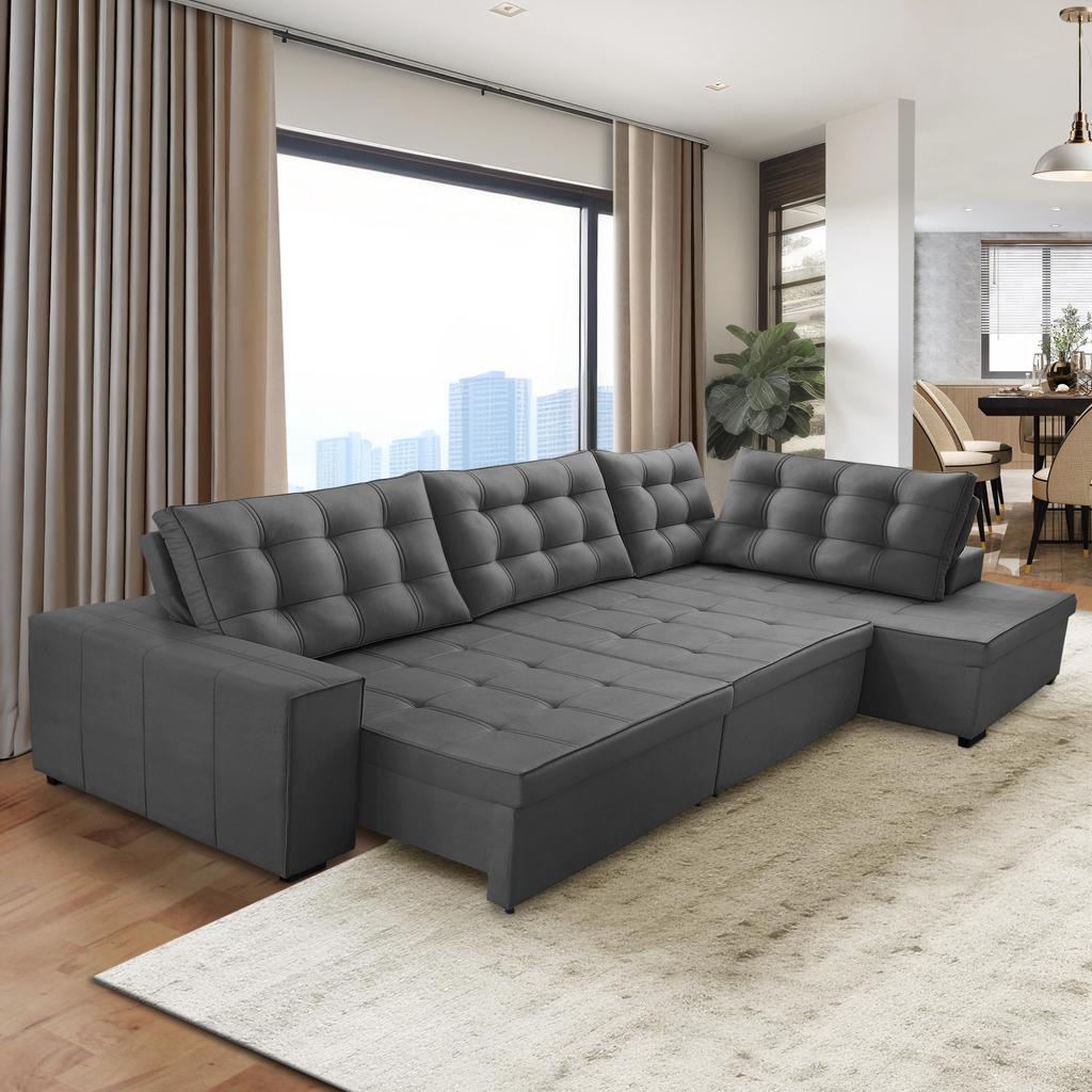 Sofá de Canto Retrátil e Reclinável com Molas 3,00x2,00 Jacke Suede Cinza Adonai Estofados em Oferta na Shopee