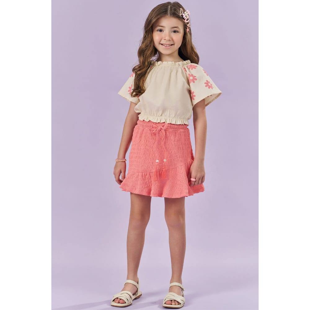 Conj. Blusa Boxy Linho e Saia em Malha Enrugada c/Shorts Kukiê