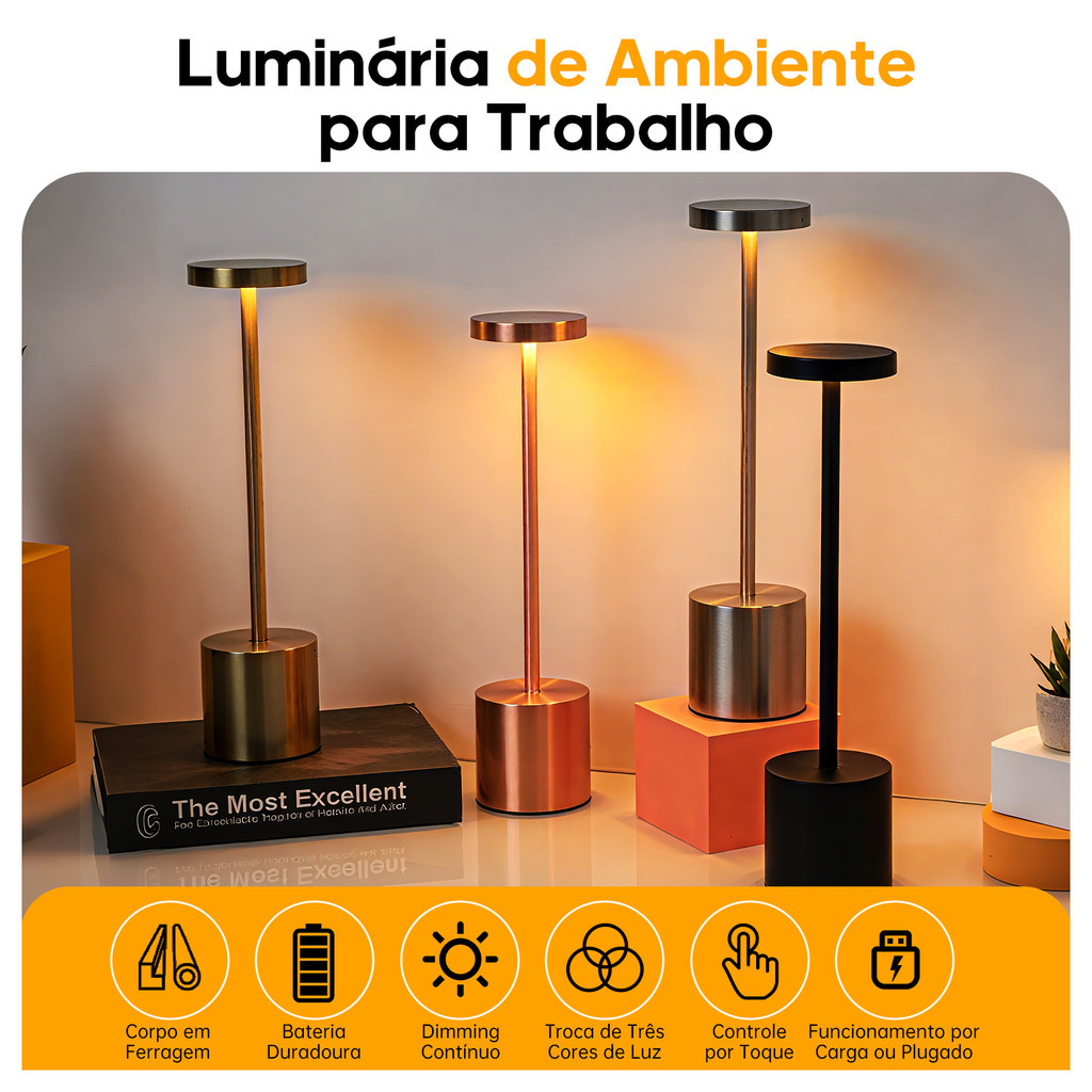 Abajur de Cabeceira LED Luxo Recarregável 3 Tons de Luz Luminária de Mesa Retro para Quarto Sala Hotel Pronta Entrega