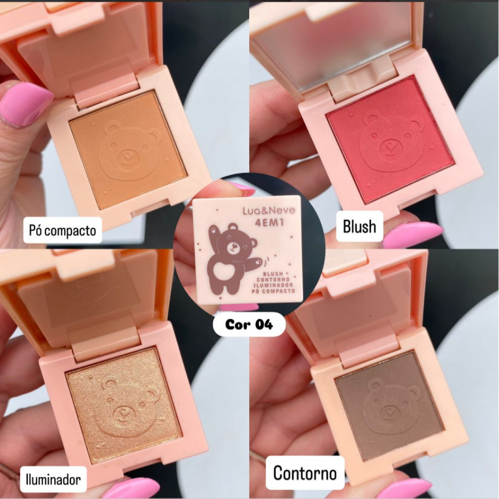 Mini Paleta De Bolsa 4 em 1 | Pó + Blush + Contorno + Iluminador Com Espelho | Lua e Neve