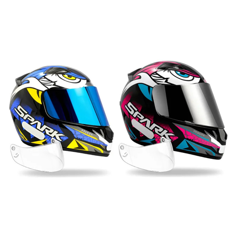 Capacete Ebf Spark Dragon Azul e Dragon Rosa Mais Viseira Cromada e Iridium