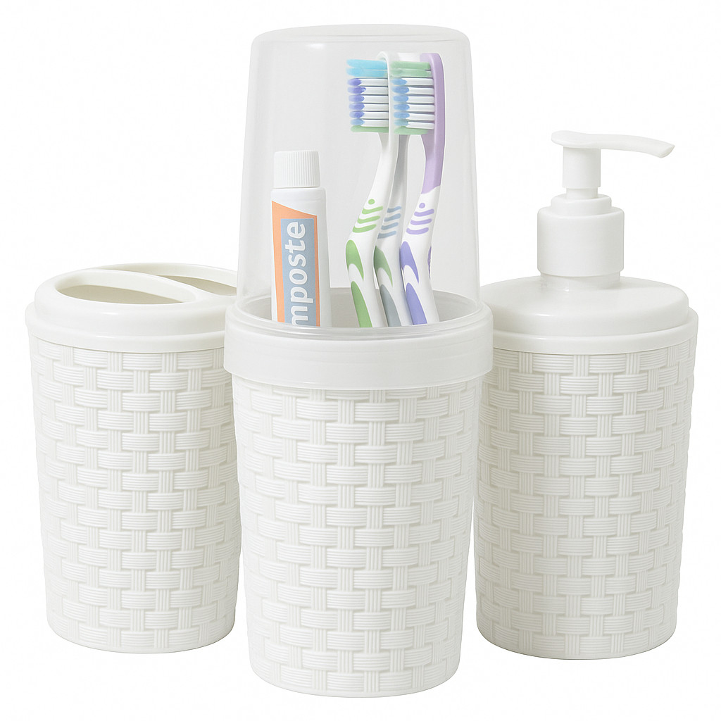 Kit De Banheiro Lavabo Porta Sabonete Líquido Rattan Escova De Dente Porta Algodão ou Cotonete