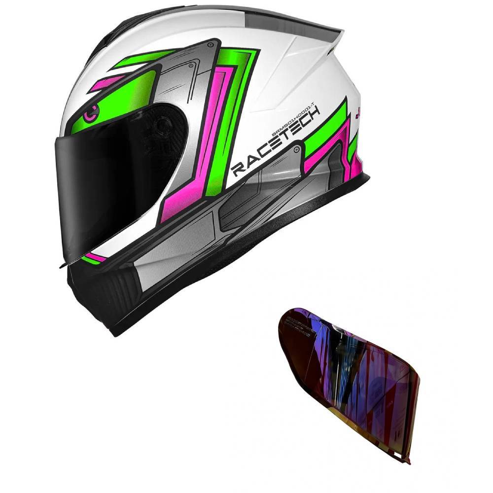 Capacete Race Tech Hit Android Branco Verde e Rosa Mais Viseira Camaleão Vermelha