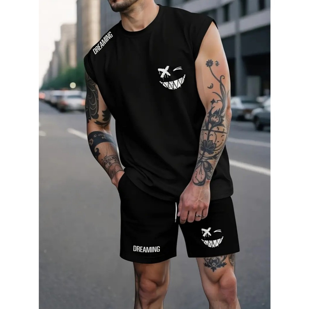 Conjunto Regata Dreaming Sorriso Camiseta Camisa Masculina Bermuda Moletom com Bolso Algodão Esporte
