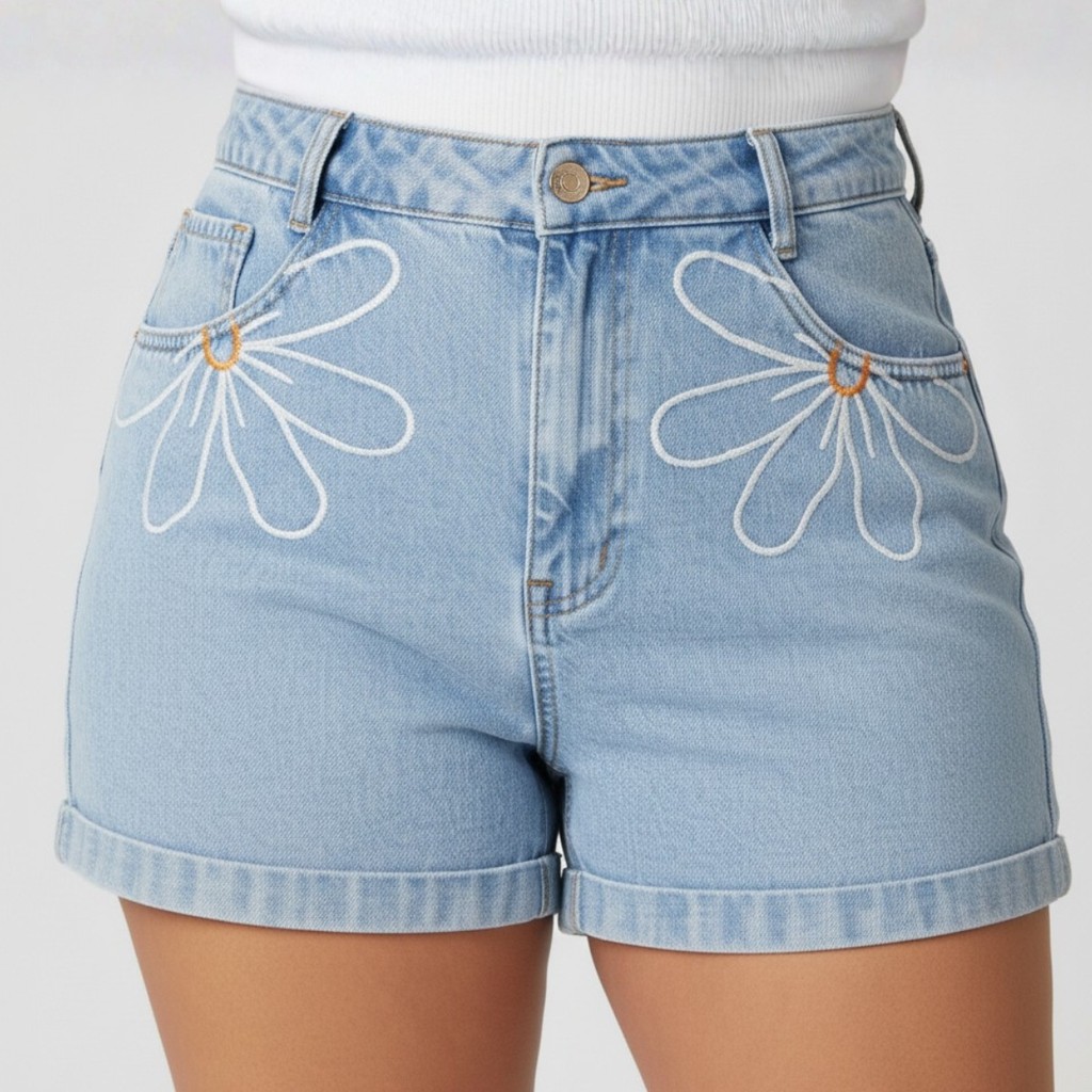 Short Jeans Plus Size Bordado Barra Feita Cintura Alta Moda em Oferta na Shopee