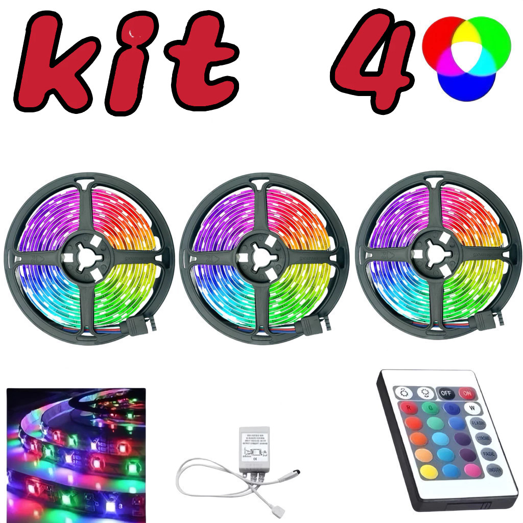 Kit 4 Fita LED RGB5050 5V Luz Colorida USB Ajustável para TV Mesa e Decoração Gamer